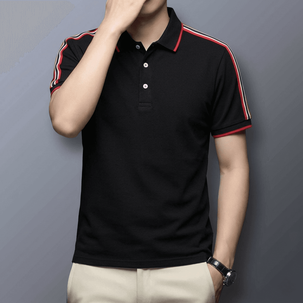 Premium Black Polo T-Shirt with Red Stripe Detail | Modern Cotton Polo